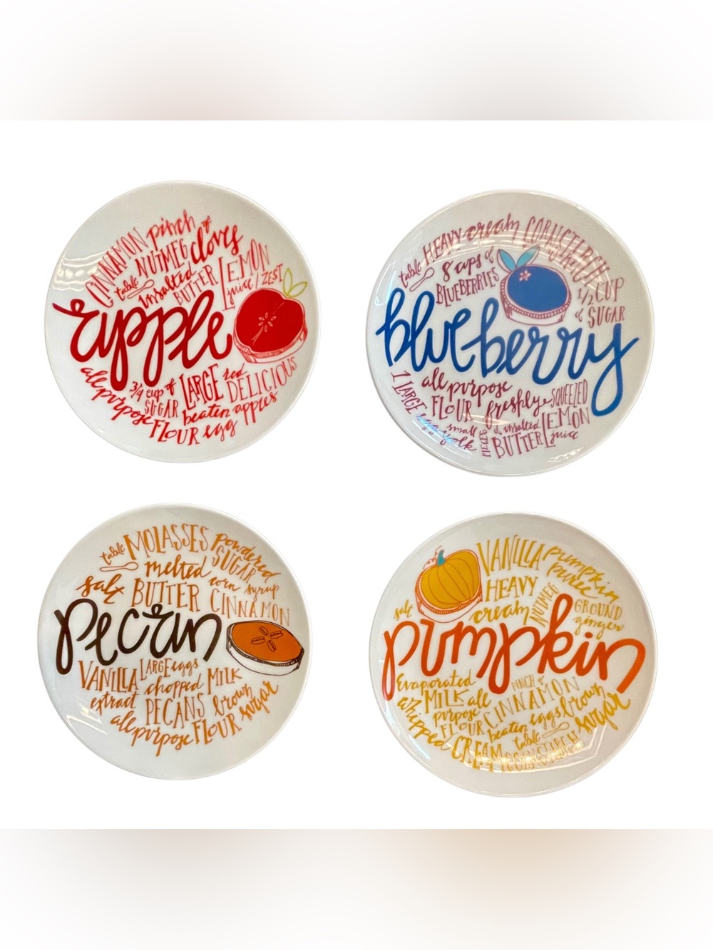 Set of 4 Dessert-Themed Ceramic Plates (Apple, Blueberry, Pecan, Pumpkin)